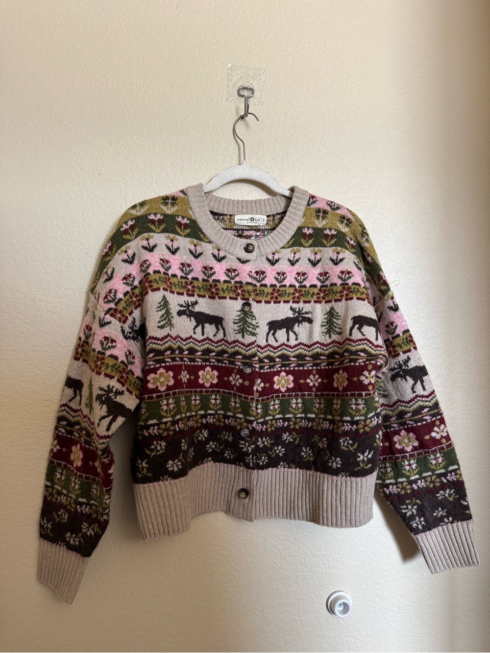 Natural Life Moose Fair Isle Sweater Cardigan Jacket Sz Small Multicolor NEW